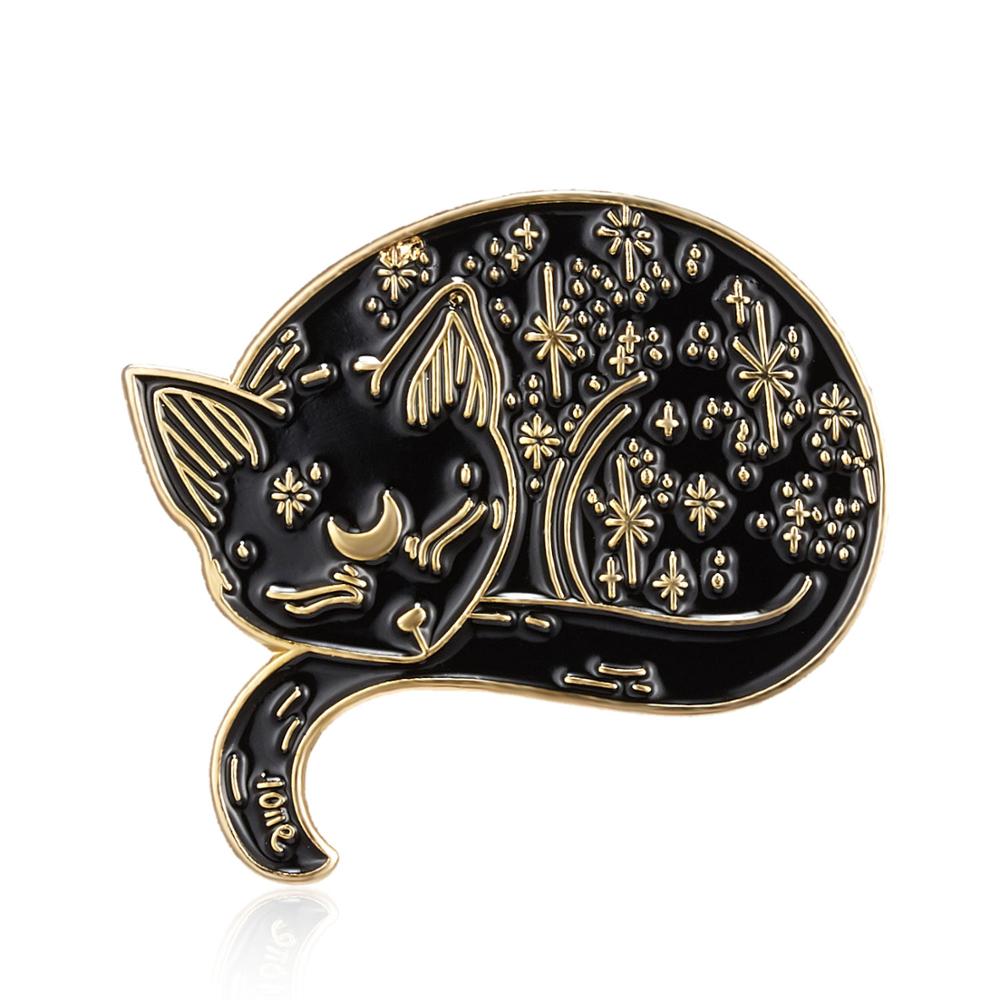 картинка Значок-пин черный кот с золотым звездным узором  от магазина El Corazon