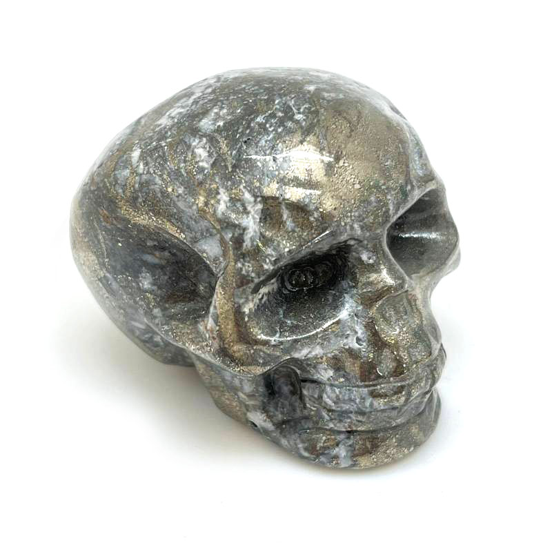 картинка Резной череп из пирита с вкраплениями яшмы Scry-106 от магазина El Corazon